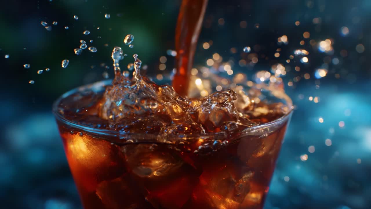 Rinfrescante bicchiere di bevanda ghiacciata con cubetti di ghiaccio e liquido che schizza, catturato in alta definizione, per mostrare la perfetta esperienza di una bevanda fresca