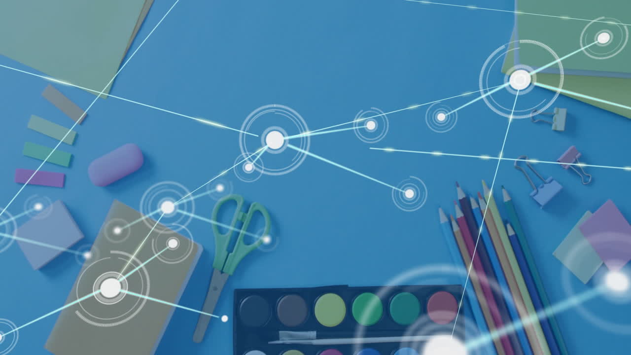 School supplies on blue background with network connection animation overlay