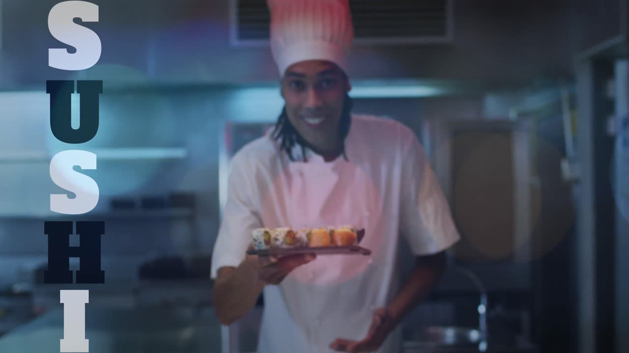 animación de texto de sushi sobre un feliz chef masculino biracial preparando sushi