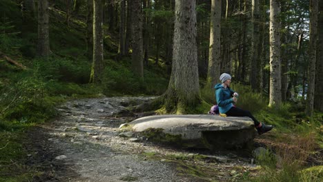 a woman sits on a rock eating her lunch and drinking tea from a flask while hiking in the forest, looking out across a scottish loch and hillside in the sun