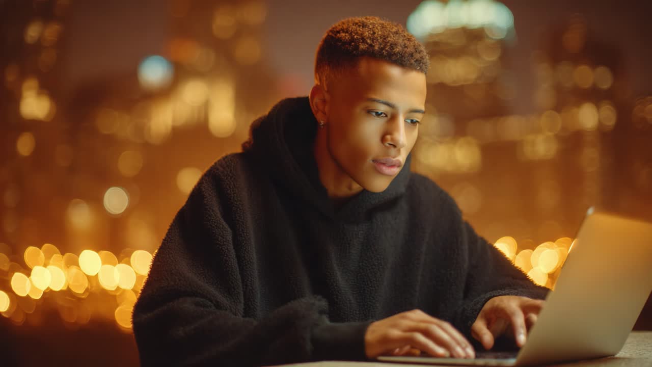 Focused individual working intently on a laptop against a backdrop of a vibrant cityscape, showcasing the blend of technology and nighttime urban ambiance