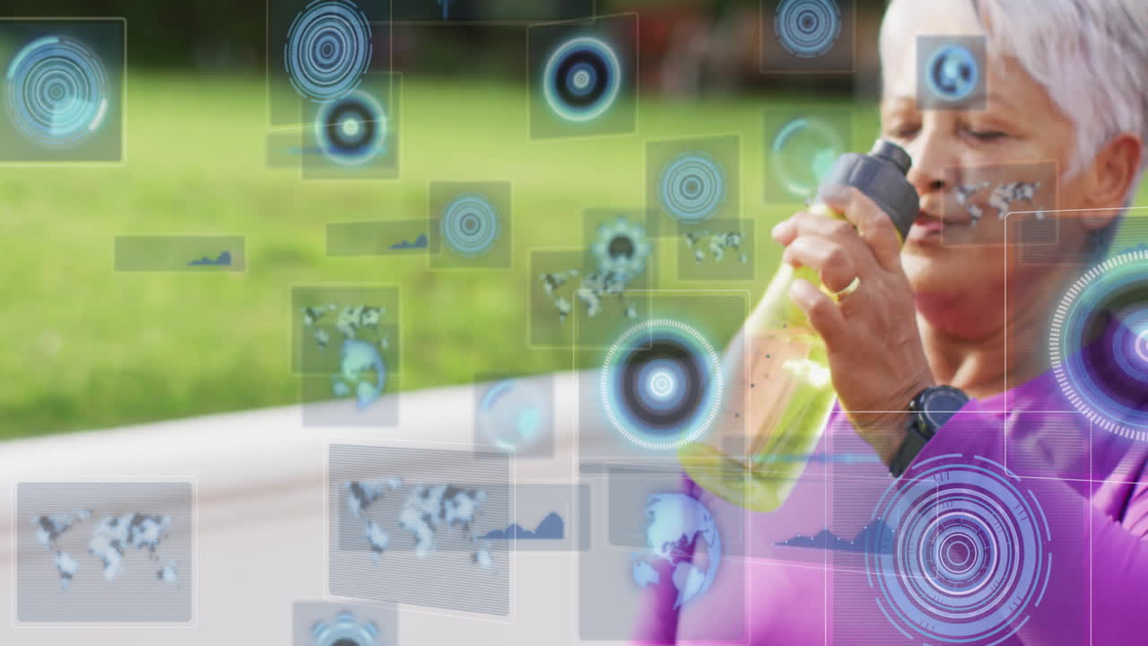 woman drinking from yellow water bottle outdoors, showing holographic health data graphs