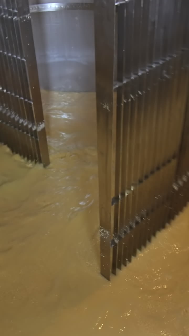 Container for butter production. Stainless reservoir with creamy liquid on a dairy plant. Metal equipment for making butter from milk products. Close-up.. Vertical video