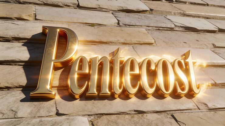 Raggi di sole che colpiscono una rappresentazione 3D dorata della Pentecoste, riflettendo bagliori su una parete di pietra, rivelando il titolo.