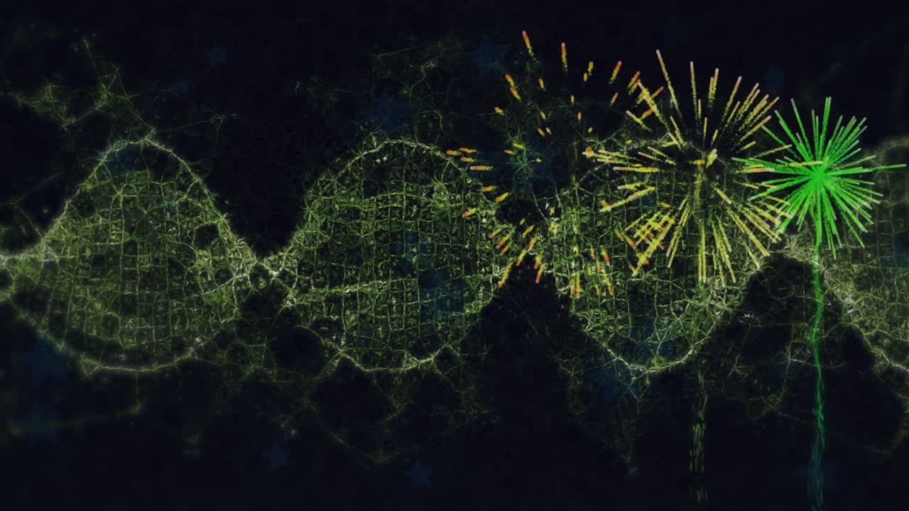 animación de fuegos artificiales y olas amarillas en movimiento sobre fondo negro