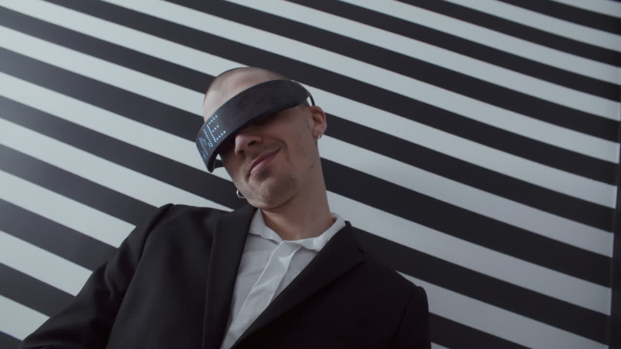 Man in VR Headset against Striped Background