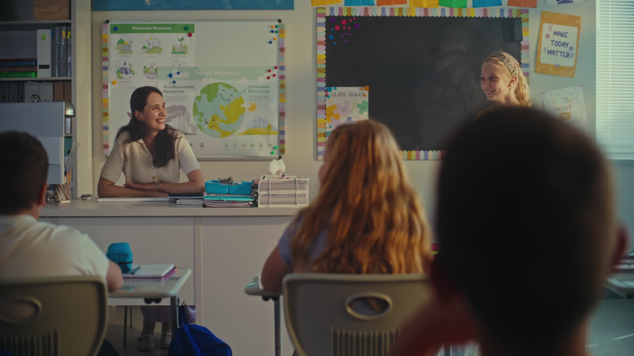Elementary School Girl Presenting Homework on Ecology in Front of Classmates and Teacher