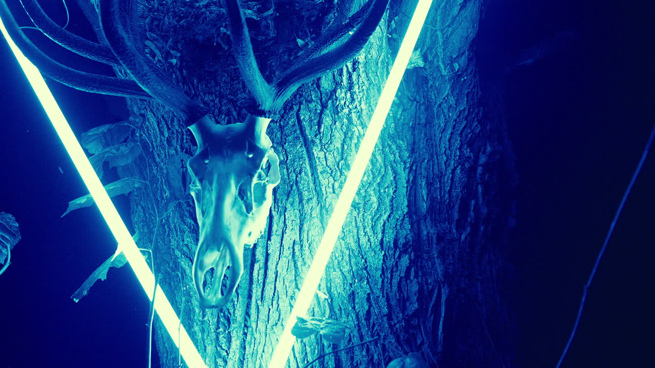 Deer Skull Decorated with Neon Lights on a Tree Trunk at Night