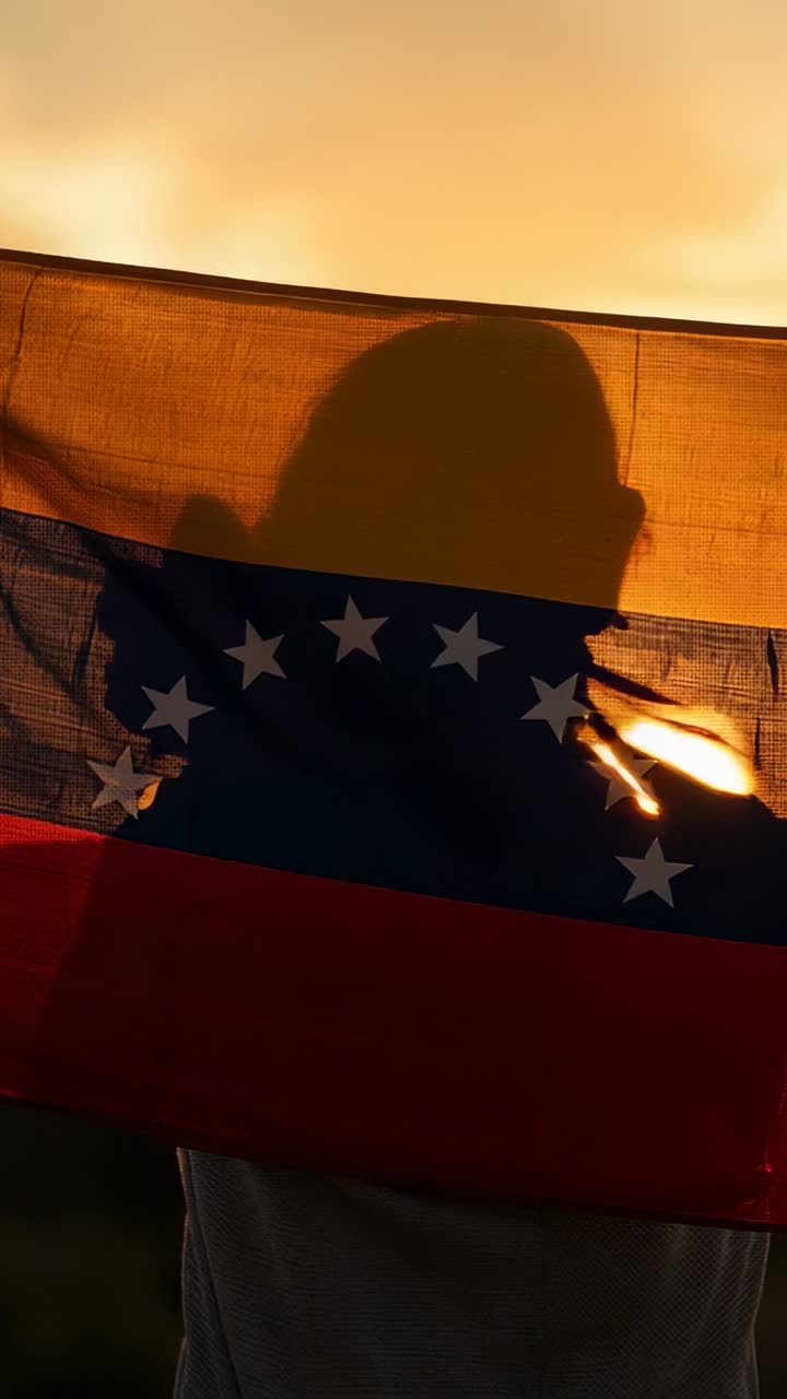 Video verticale: la luce del sole crea un controluce su una persona che aggiusta una bandiera venezuelana al tramonto, con un bagliore crescente