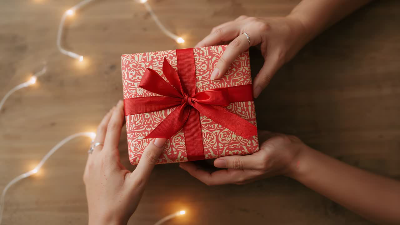 Due persone che incartano un regalo al centro di un tavolo di legno con nastro rosso e luci decorative per un regalo