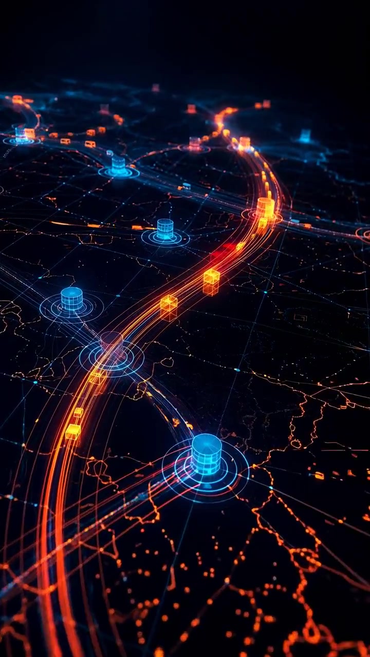 Curva em S diagonal de um corredor logístico multilanes luminoso se estende por um mapa de grade escuro, com marcadores de cubo laranja brilhante, rastros luminosos, nós centrais e profundidade digital em camadas, com rede e rota.