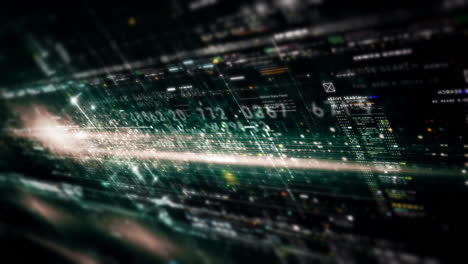 futuristic abstract de-focus data matrix, meta, metaverse, telemetry and encrypt numbers display with particles simulation in cyber space environment for head up display background
