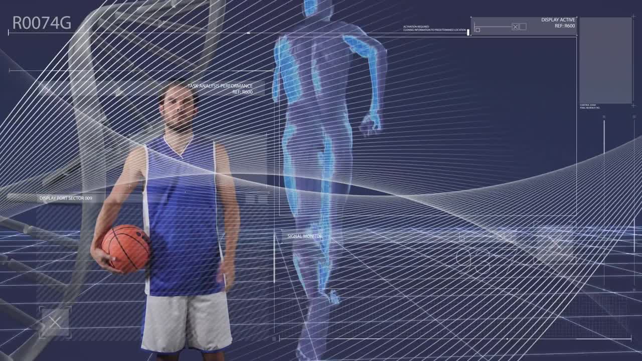 animación de procesamiento de datos con cadena de adn y humano digital sobre jugador de baloncesto caucásico.