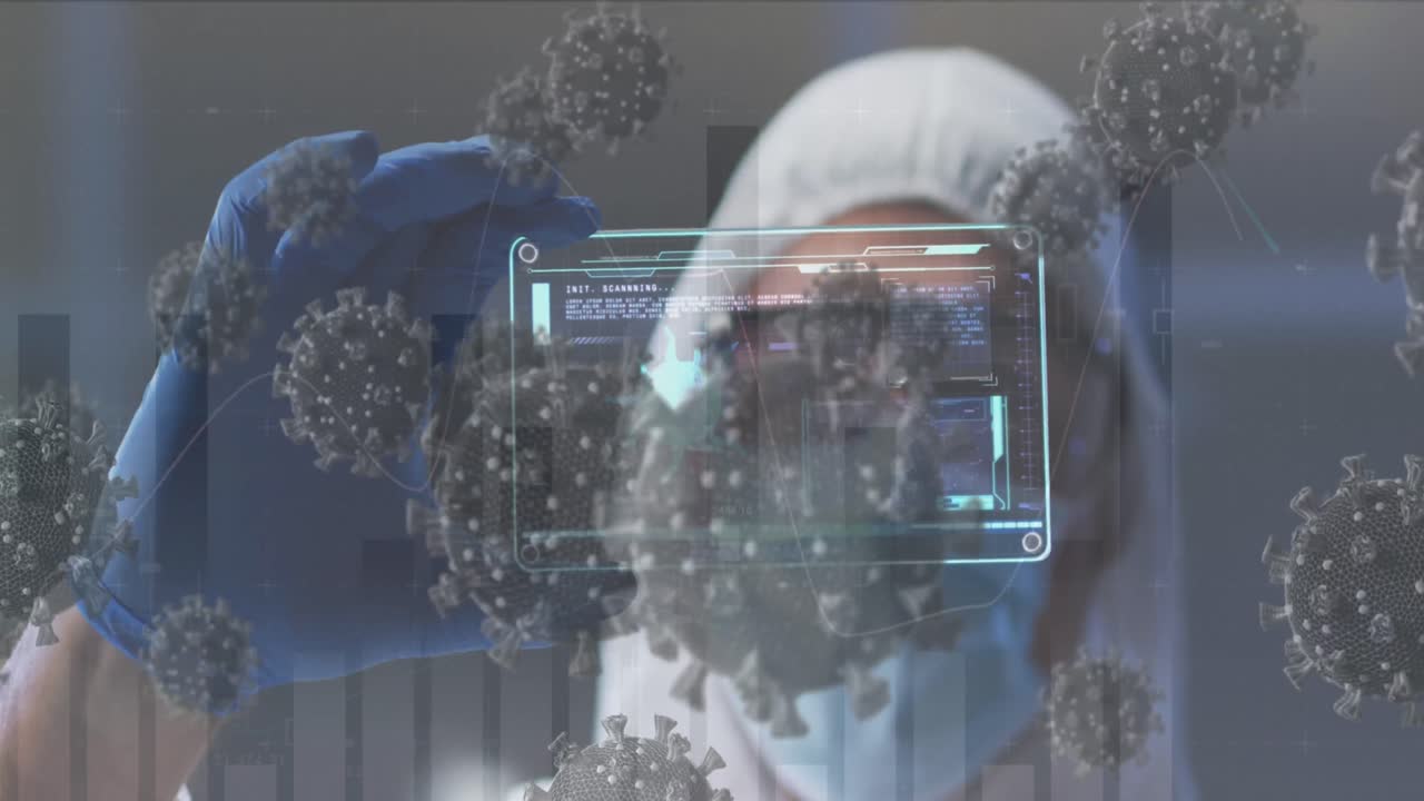 Animation of virus cells over male doctor with digital screen