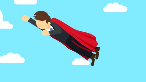 super hero business man flying in suit and red cape. leadership and achievement concept. loop illustration in flat style.