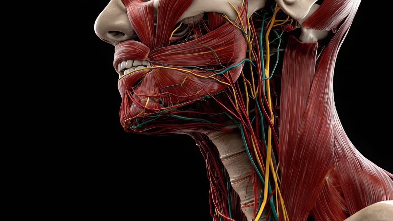 Studio anatomico dettagliato della muscolatura del collo e del viso umano che mostra complesse strutture muscolari e nervi con texture e colori realistici