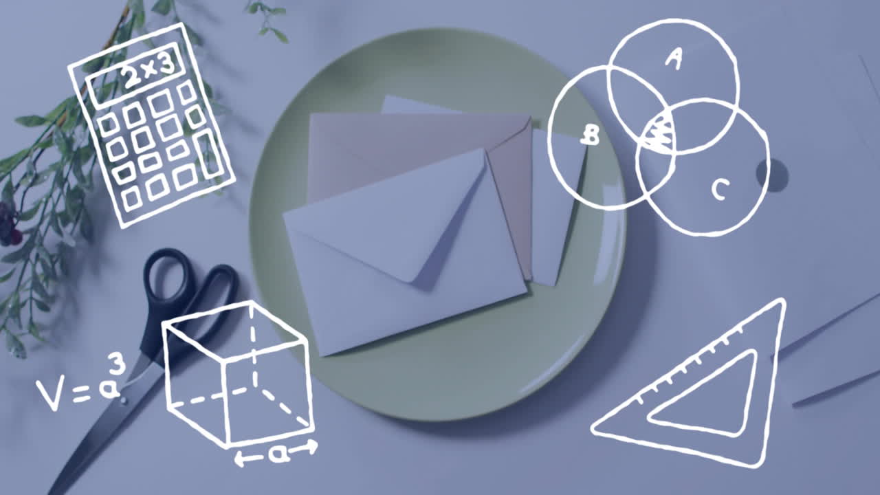 Math symbols with animation on envelopes, calculator and scissors on plate nearby