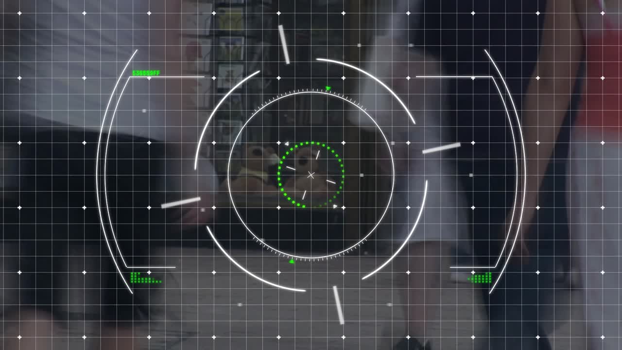 HUD activating over corridor, reticle pulsing and rotating, green arc scanning passing pedestrians