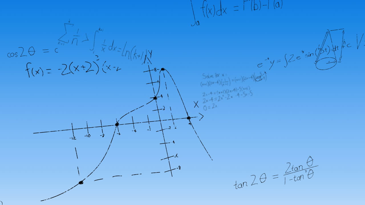 수학 방정식과 다이어그램의 애니메이션이 파란색 그라디엔트 배경에 떠다니고 있습니다.