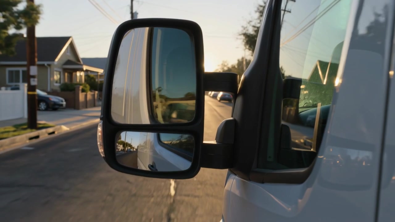 Showing dual mirrors on white van catching sun glare, revealing trailing car as van driving road