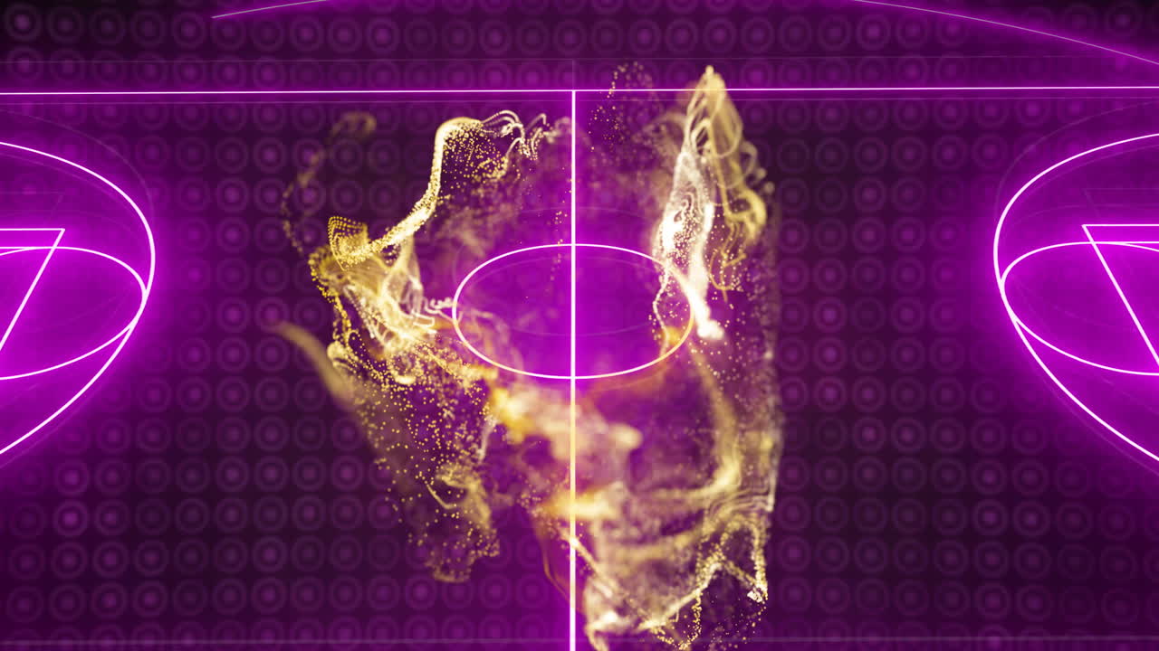 Abstract swirling particles and lines animation over basketball court background