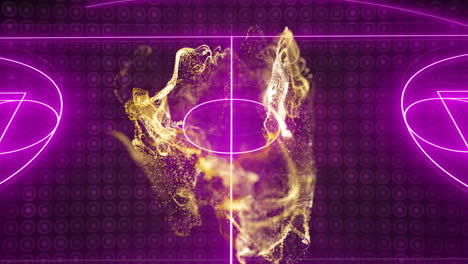 abstract swirling particles and lines animation over basketball court background