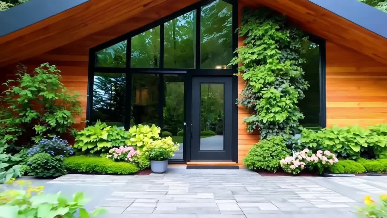 검은 문과 검은 지붕을 가진 작은 집