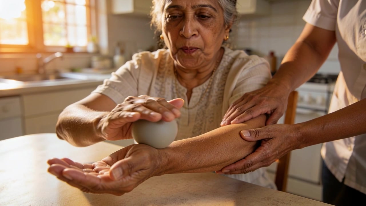 Un assistente, in camicetta, posiziona una palla terapeutica e aiuta un anziano a far rotolare l'avambraccio al tavolo della cucina per la riabilitazione.
