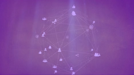 Animación-De-Red-De-Conexiones-Con-Iconos-Sobre-Fondo-Morado