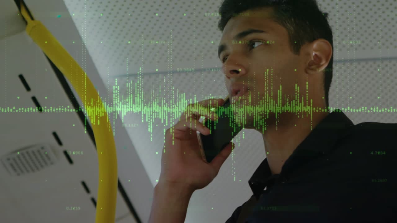 Male commuter placing phone to ear on transit, animated green waveform showing speech during call
