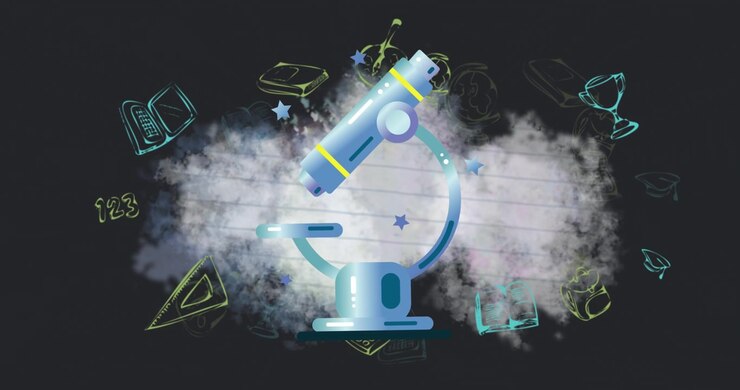Microscope icon against school concept icons on black background