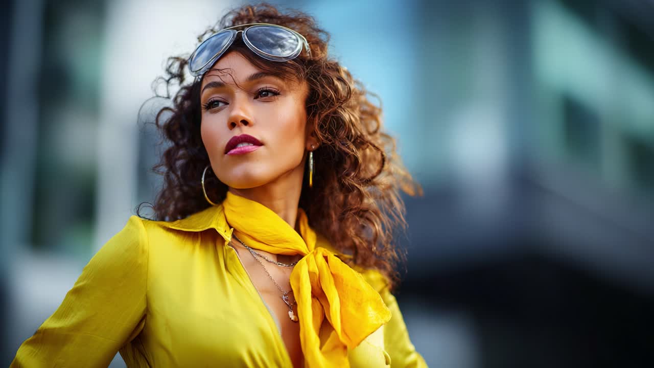 Confident Woman in Yellow Blouse and Sunglasses Posing Outdoors with Engaging Expression, Showcasing Style and Fashion in a Modern Urban Environment