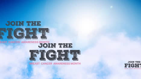 animation of join the fight and breast cancer awareness month texts over aerial view of dense clouds