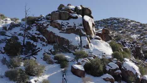 Paisaje-Cubierto-De-Nieve-Con-Plantas-Y-Rocas-Contra-El-Cielo-Azul-Durante-Un-Día-Soleado---Joshua-Tree,-California