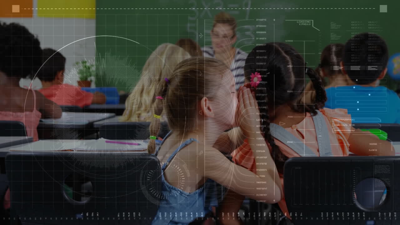 Girl leaning and whispering to classmate in school, with floating book icons and animated chart