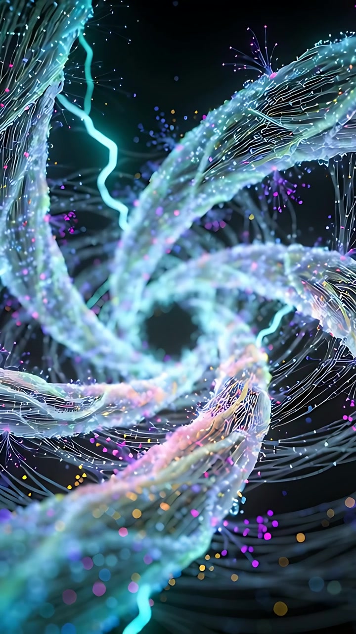 Video verticale: Viticci intrecciati animati che si avvolgono a spirale in un centro oscuro nel vuoto, concentrando energia.