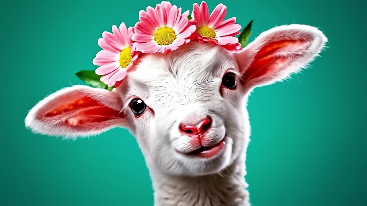 A white goat with a flower crown on its head