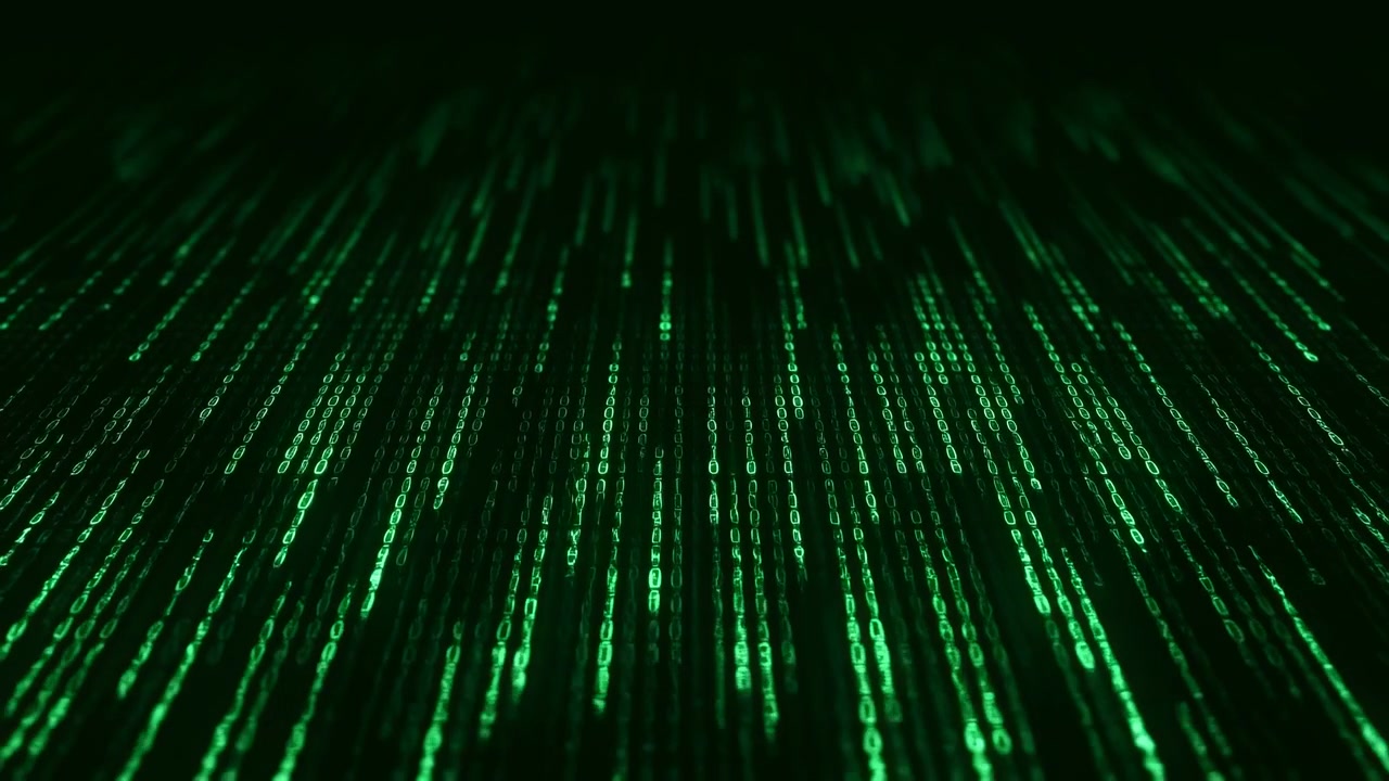 Low-angle motion scene of dense vertical columns of neon green binary digits cascading across deep black background, foreground digits remain bright and defined while midground and background