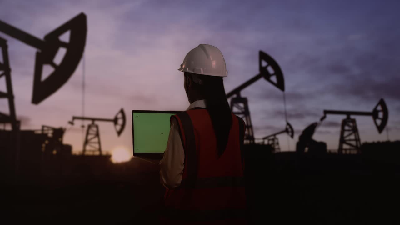 vista trasera de una ingeniera asiática con casco de seguridad trabajando en una computadora portátil de pantalla verde inspecciona las bombas de petróleo al amanecer en un gran campo petrolífero