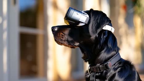 a black dog wearing a pair of virtual reality glasses