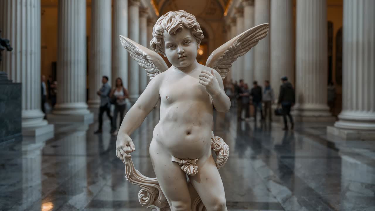 Carrellata con la camera su cherubino in marmo che si avvicina in un museo, con lucentezza del pavimento levigato e visitatori