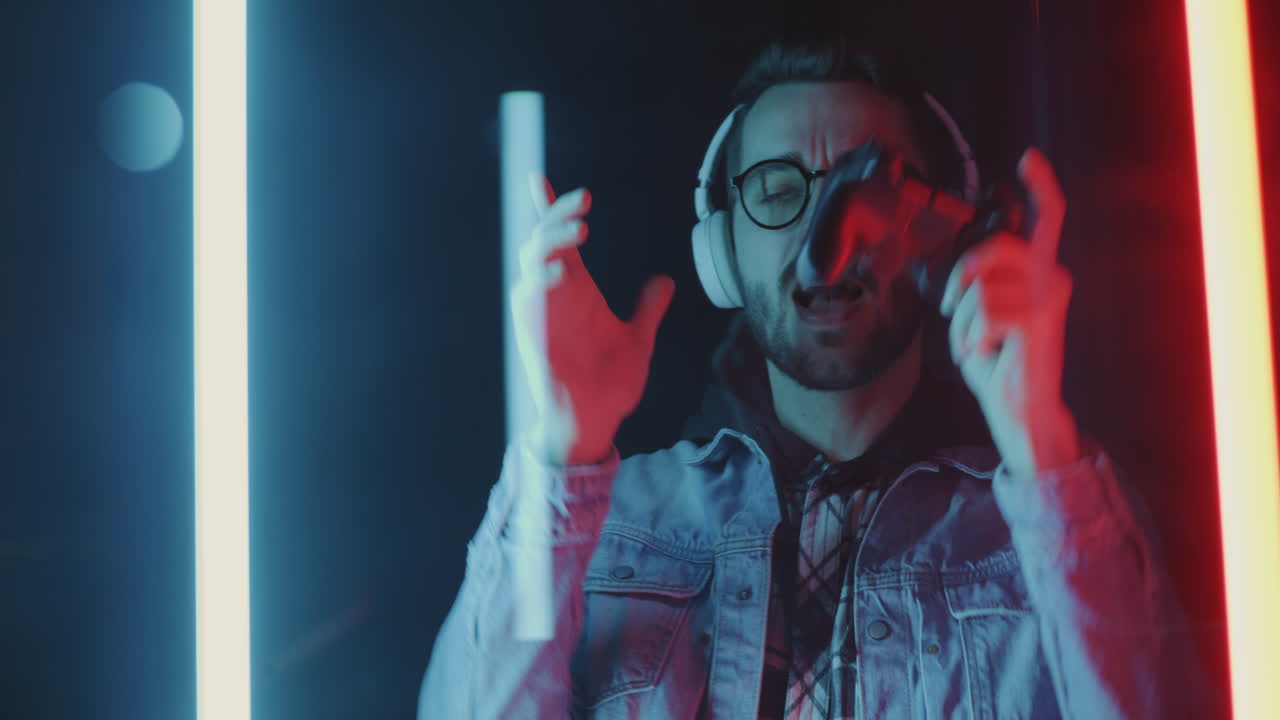 Excited Gamer with Neon Lights