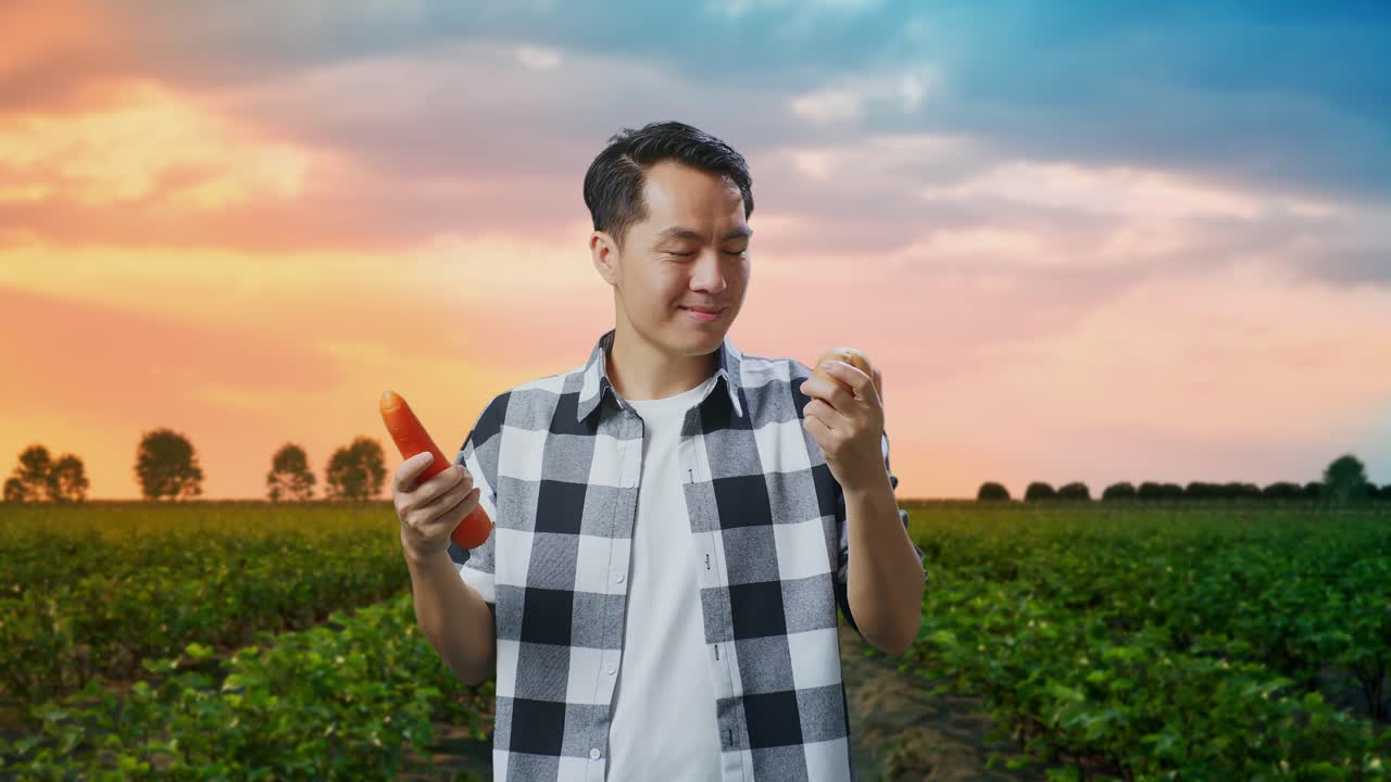 아시아 남성 농부 는  에서 따뜻 한 미소 를 지으면서 감자 와 당근 을 들고 있다