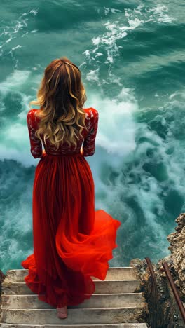 woman in red dress gazes at waves from rocky steps by the ocean