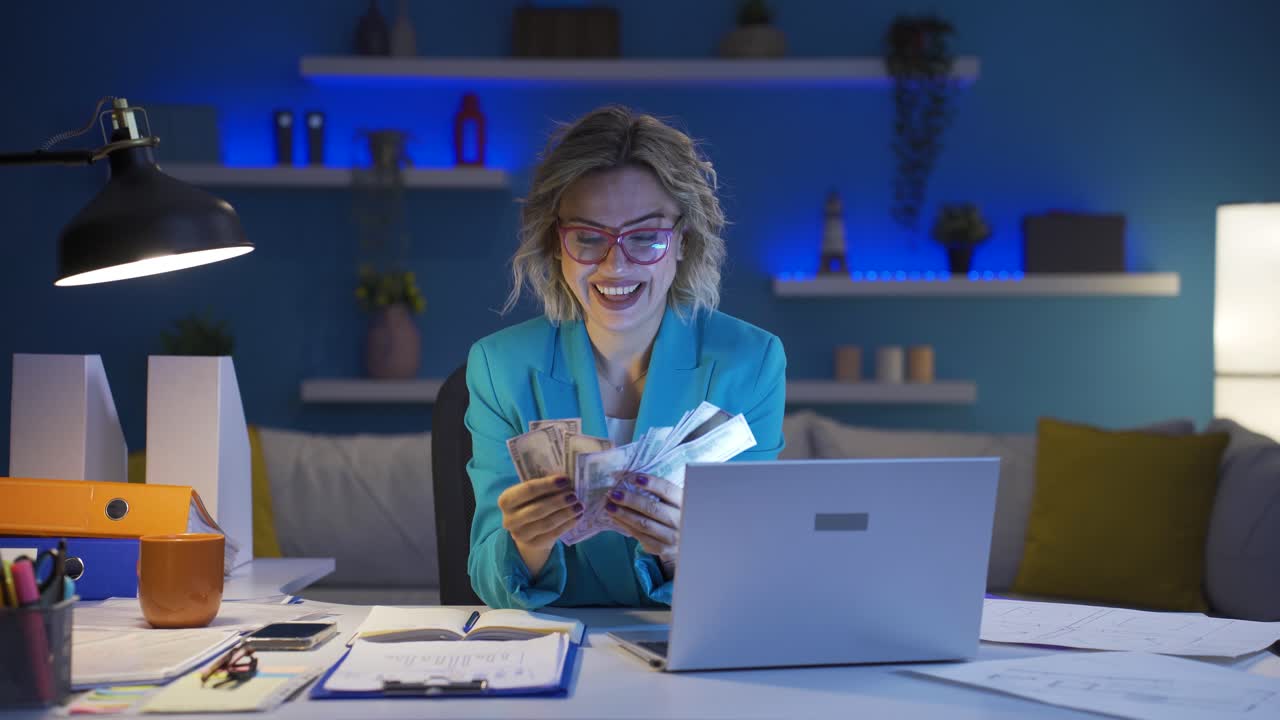 mujer trabajadora de oficina en casa contando dinero graciosa y graciosa.