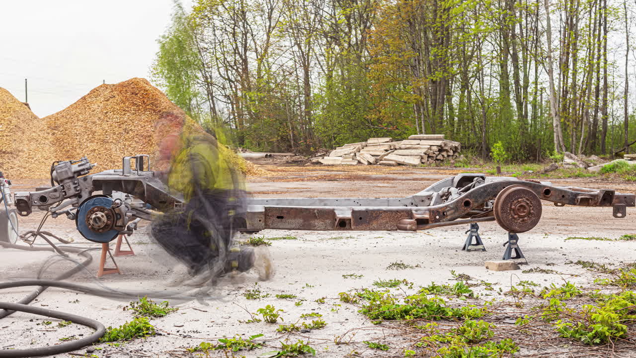 шлифовка и зачистка ржавчины с рамы легкового или грузового автомобиля - замедленная съемка