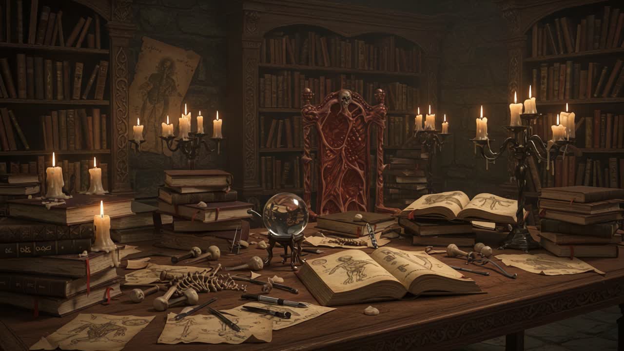 Intricate Setup of an Arcane Study Room Filled with Candles, Ancient Books, and Mystical Artifacts, Evoking a Sense of Mystery and Discovery