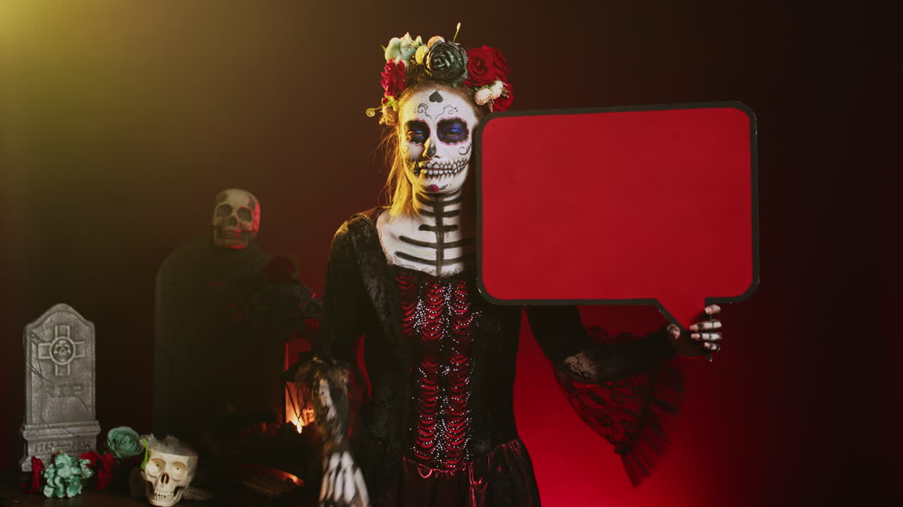 Woman in Day of the Dead costume holding a red sign