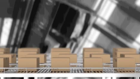 Animation-of-cardboard-boxes-moving-on-conveyor-belts-in-warehouse