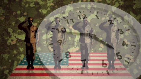 clock ticking and figures of four soldiers saluting over us flag against camouflage background